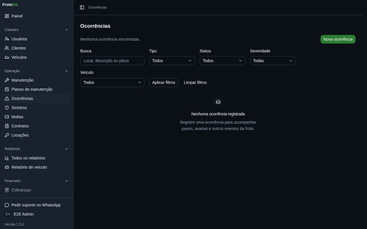 Lista de ocorrências da frota no painel FroteGo