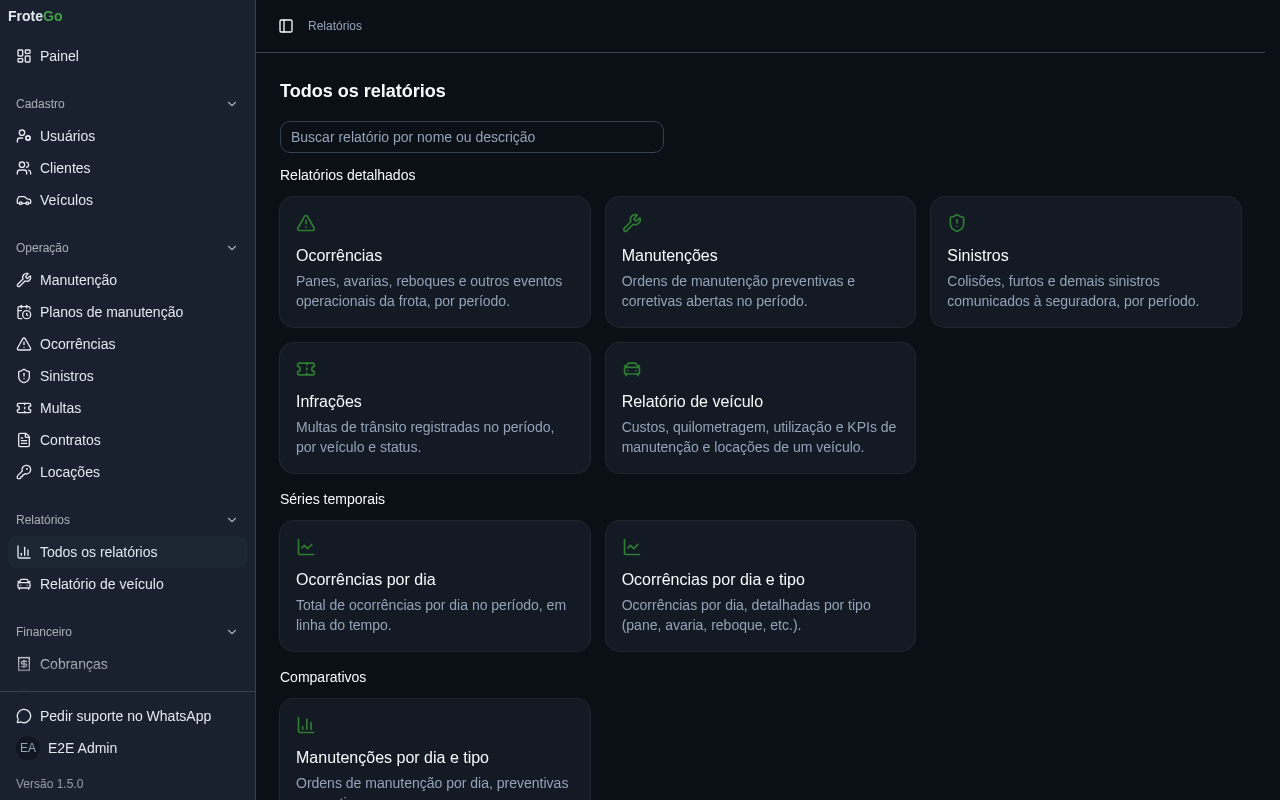Relatórios FroteGo com gráficos de ocorrências, manutenção e sinistros